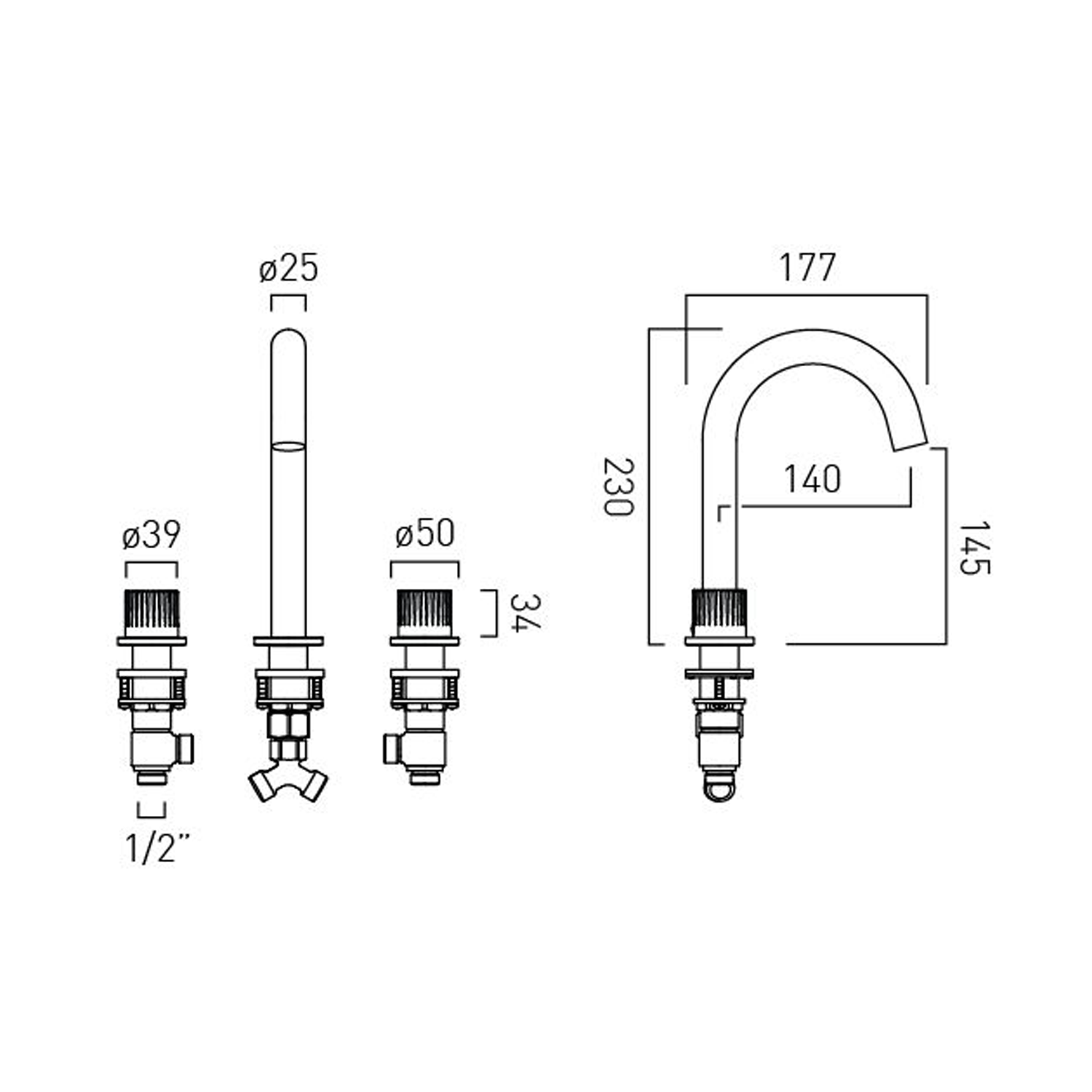 Vado Safari 3 Hole Leverless Deck Mounted Basin Mixer Tap