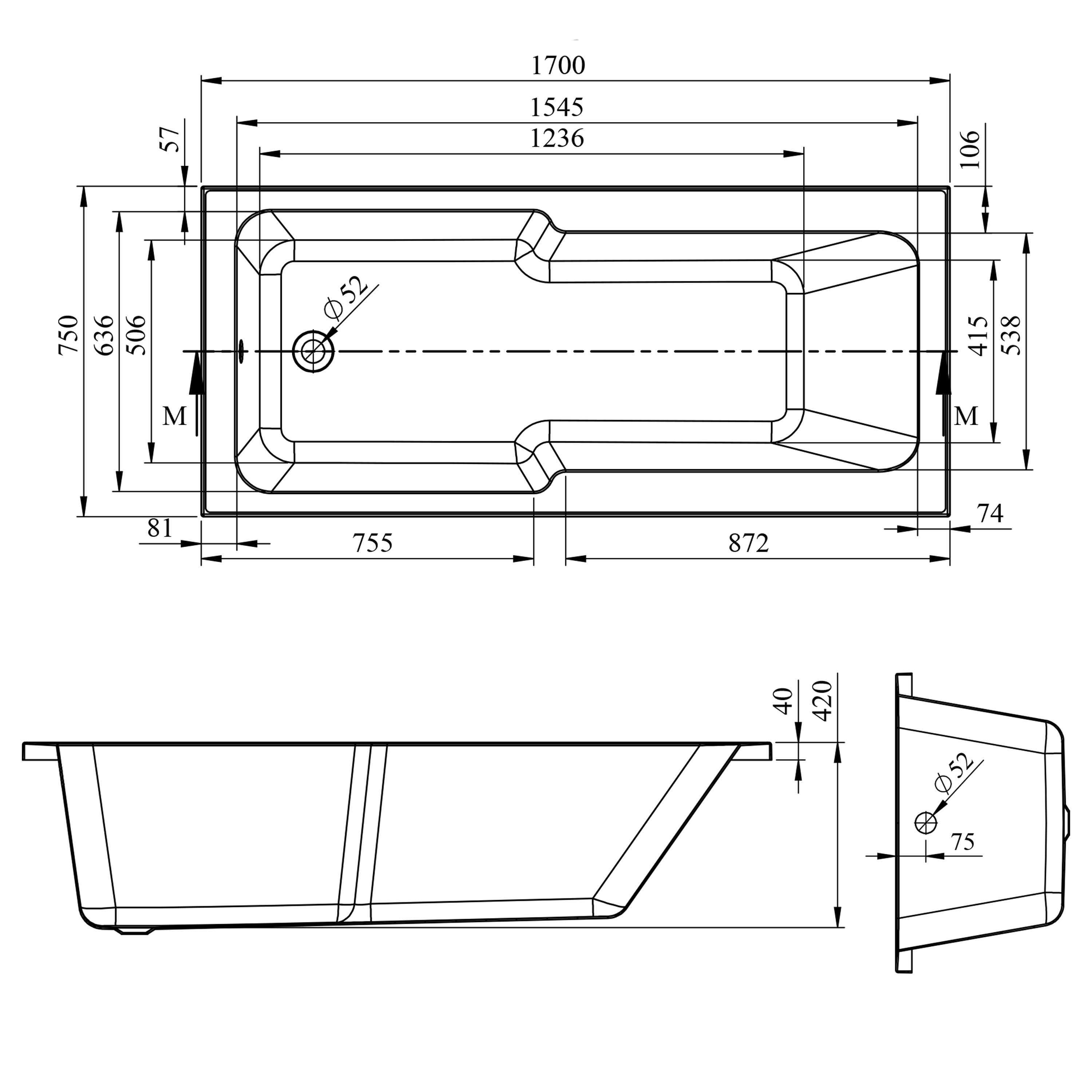Armourcast Reinforced Keyhole Shower Bath with Shower Screen - 1700mm
